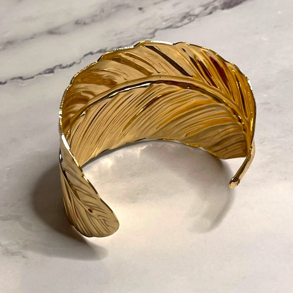 Gold Tone Feather Cuff Bracelet Wide Statement Boho Leaf Open Bangle